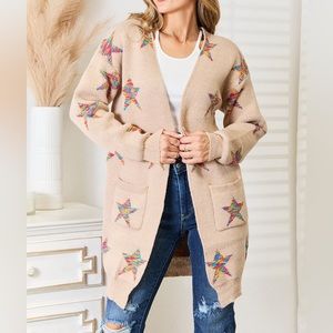 NEW Double Take Rainbow Star Pattern Open Front Longline Cardigan Sweater